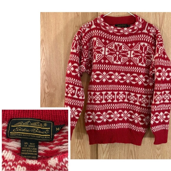 Eddie Bauer Sweaters - Eddie Bauer Red and White Patterned 100% Wool Crewneck Sweater